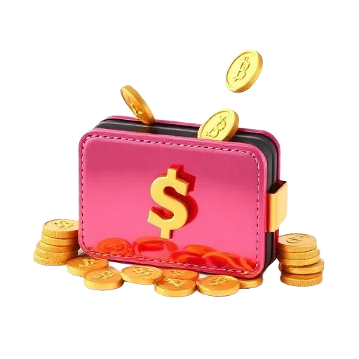Ilustración 3D de una billetera con monedas
