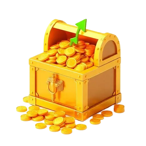 Ilustración 3D de un cofre dorado con monedas y una flecha de crecimiento
